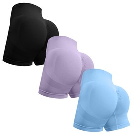 OVESPORT - Pantalones cortos de entrenamiento de 3 piezas para mujer, sin costuras, levantamiento de glúteos, cintura alta, yoga, gimnasio, pantalones cortos para correr, Negro/Bebé Azul/Morado, Large