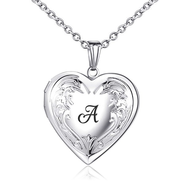 YOUFENG Locket Necklace that Holds Pictures Initial Alphabet A-Z Letter Pendant Necklace Platinum Plated Gifts for Women