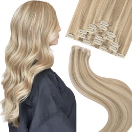 FUBILI Clip in Hair Extensions Real Human Hair Light Blonde Highlighted Golden Blonde Remy Human Hair Extensions blonde Clip in Hair Extensions for Women Double Weft Natural Hair 18 Inch 85g 7pcs