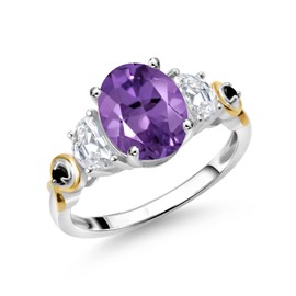 Gem Stone King 925 Silver and 10K Yellow Gold 3-Stone Ring Oval Purple Amethyst and Moissanite (2.11 Cttw, Size 5)