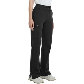 QBK High Rise Yoga Scrub Pants Women - Straight Wide Leg Uniform Pants with Cargo Pocket, Anti-Wrinkle & Knit Yoga Waistband (Regular, Black, L)