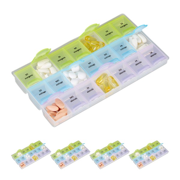 5 x 7 Day Pill Box Set, 3 Compartments, Morning, Noon, Evening, Weekly Medicine Dispenser with Lid, Transparent