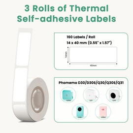 Phomemo D30 Etiketten Weiß für D30 Etikettendrucker, Thermo-Etiketten Kompatibel mit Colorwing Q30,Phomemo D30/Q31/Q30/Q30S Beschriftungsgerät,14×40mm(0.55"×1.57")60 Etiketten/Rolle,3 Rollen