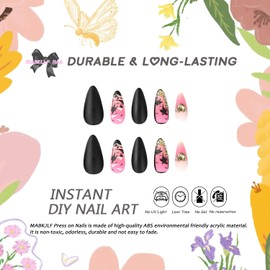 Press on Nails Medium Almond MABKJLF Summer Fake Nails Pink Black Full Cover False Nails with Palm Shell Charm Designs Matte Glue on Nails Artificial Nails for Women Girls 24 Pcs