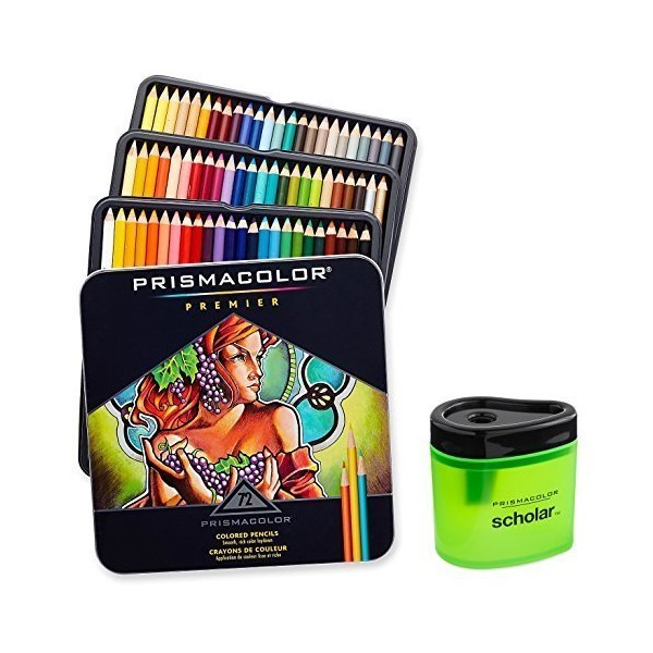 Prismacolor 3599TN Premier Soft Core 72 Colored Pencils + 1774266 Scholar Colored Pencil Sharpener; Perfect for Layering, Blending and Shading; Soft, Thick Cores Create a Smooth Color Laydown