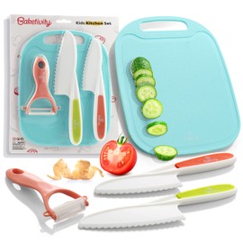 Baketivity Kid Safe Plastic Knives For Real Cooking With Cutting Board, Peeler For Kitchen - Knife Set With Blunt Tip, Dishwasher Safe, BPA Free Kids Knives For Cutting