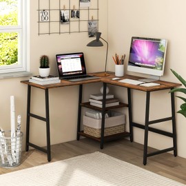 MEDIMALL L-shaped Desk with Power Outlets & USB Ports, 48” Computer Desk w/Storage Shelves & Robust Metal Frame, Space-saving Corner Desk for Working, Gaming, Writing (Rustic Brown)