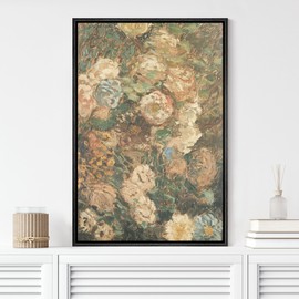 MUDECOR Framed Canvas Print Wall Art Impressionist Floral Garden Flowers in Soft Hues Illustrations Impressionism Rustic Scenic Colorful for Living Room, Bedroom, Office - 24"x36" Black