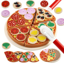 Feelhap Pizza Set Accessories Made of Wood, Pizza Children's Kitchen Wooden Toy Play Kitchen Accessories Wooden Pizza for Children, Play Kitchen Pizza Cutting Toy Educational Role Play Educational Toy