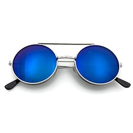 grinderPUNCH Vintage Steam Punk Round Flip Up Sunglasses for Men and Women Retro Metal Frame (Silver Frame, Blue Mirrored Lens)