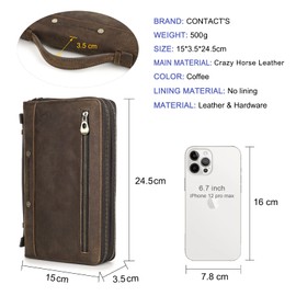 Contacts Mens Genuine Leather Travel Clutch with Wrist Strap,Zipper Passport Wallet with Zip Pocket, Large Capacity Phone Clutch Hand Bag for Men Vintage Brown