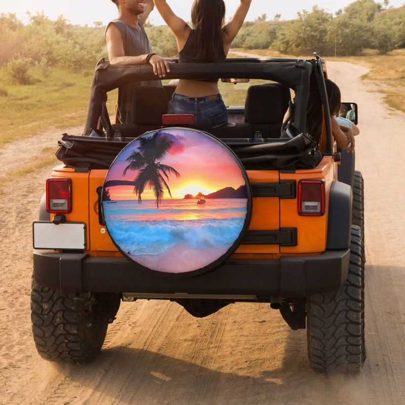 KiuLoam Ocean Sunrise Tropical Palm Tree Spare Tire Cover Polyester