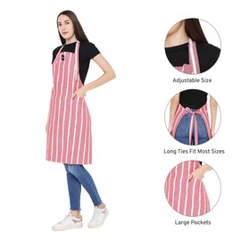 Encasa Chef Kitchen Apron for Men & Women | 27x33 in | Durable Cotton | 1 Pocket & 1 Towel Holder | Adjustable Strap and Waist Ties for Optimal Fit | Cooking & Grilling Roma Red Stripes