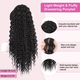 AISI BEAUTY 26 Inch Black Ponytail Extension Long Curly Drawstring Ponytail for Women Clip in Synthetic Curly Pony Tails Hair Piece