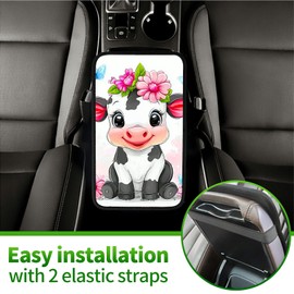RWUTYTIUL Universal Auto Center Console Pad and 2Pcs Car Coasters Set, Anti Slip Soft Neoprene Car Armrest Seat Box Cover Protector for Most Vehicle - Car Interior Accessories, Flower Cute Cow
