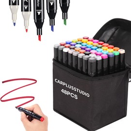 CarPlusStudio Felt Tip Pens - 48 Colours Art Markers, Alcohol Marker Colouring Dual Tip Artist Pens Set for Students, Manga Artists, Drawing, Sketching, Underlining, Illustration, Painting