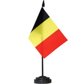 ANLEY Belgium Deluxe Desk Flag Set - 6 x 4 Inch Miniature Belgian Desktop Flag with 12" Solid Pole - Vivid Color and Fade Resistant - Black Base and Spear Top