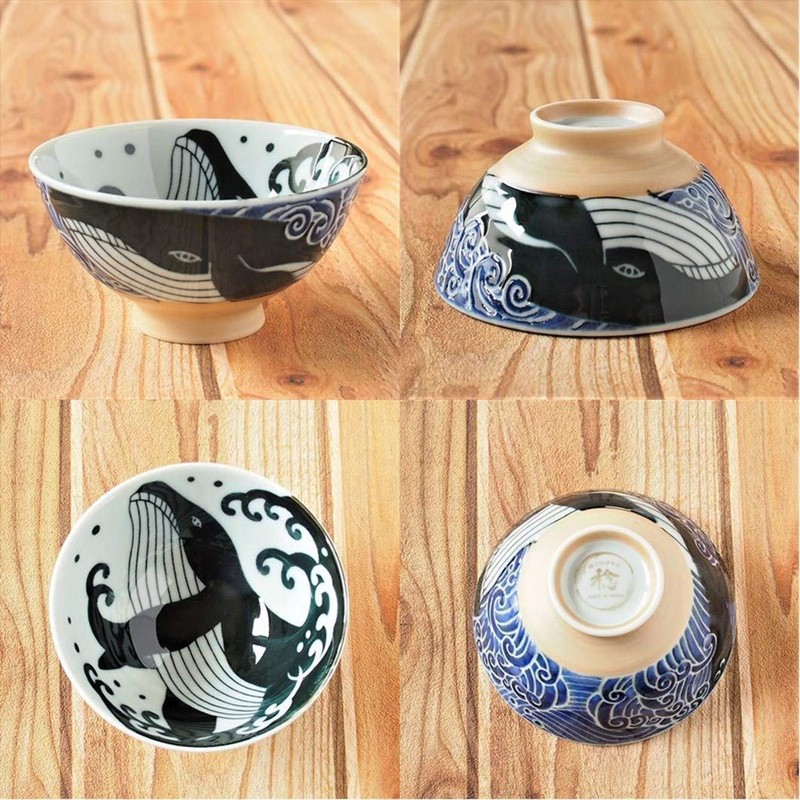 Minoru Touki White Wave Whale Blue Ceramic Rice Bowl Small