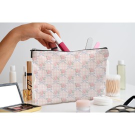 QGFM Coquette Blue Bow Rose Floral Makeup Bag, Coquette Pink and White Checkered Preppy Cosmetic Bags for Women, Preppy Girly Stuff, Aesthetic Pink Plaid Flower Zipper Makeup Pouch