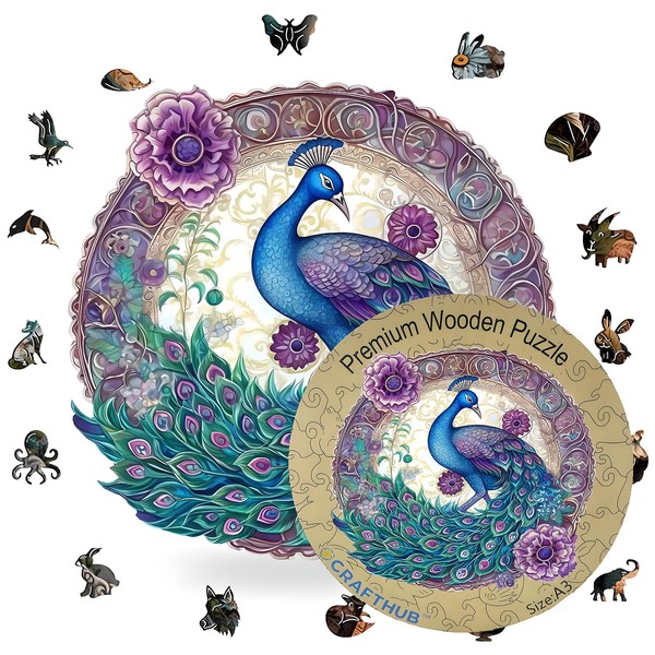 Crafthub Animal Shaped Wooden Puzzles for Adults – A3 Peacock
