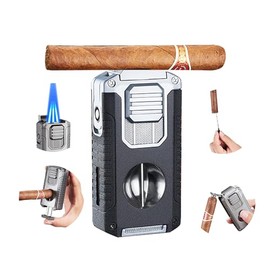 Cigar Lighter Triple Jet Flame Refillable Butane Torch Lighter with V Cutter Cigar Holder, Cigar Punch and Cigar Draw Enhancer for Smoking,Cigar Gift for Men (Matte Black)