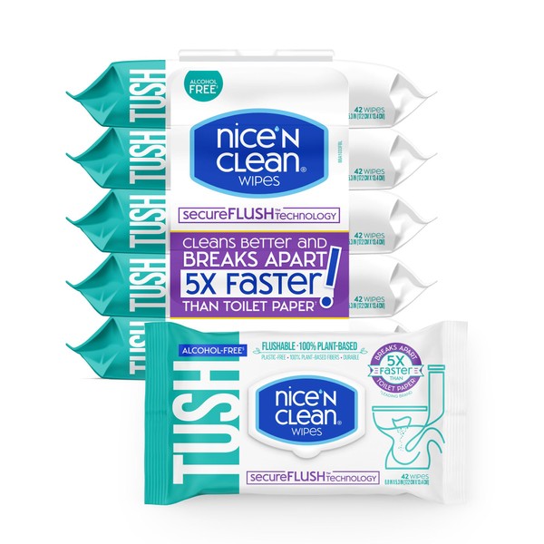 Nice 'N Clean SecureFLUSH Adult Wet Wipes (42 Count - 6 Packs) | Moist Toilet Tissue with Moisturizing Aloe & Vitamin E | New, Improved 0% Alcohol Formula