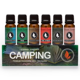 Eternal Essence Oils Camping Set of 6 Premium Fragrance Oils - Includes Warm Rustic Woods, Fire Amber, Pine, Sandalwood, Frankincense & Rain and Woodland Bay Scented Oils - 10ML