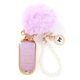 YILINXI Compatible with Jeep Key Fob Cover with Pom Pom Keychain, Car Key Shell for Grand Cherokee Renegade Dodge RAM Durango Challenger Chrysler for Women, Pink-5 Buttons