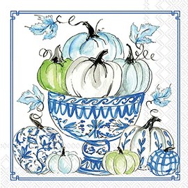 IHR Ideal Home Range Cocktail Napkins Disposable 3-Ply Paper Beverage Napkins, 5" x 5", Chinoiserie Pumpkins, 20 Count