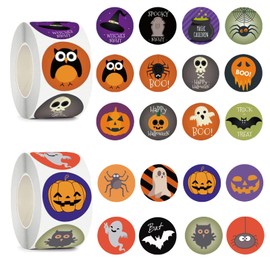 1000Pcs Halloween Stickers, 2Rolls 1Inch Halloween Art Crafts Stickers Bat Skull Wizard Hat Pumpkin Stickers for Halloween Decoration