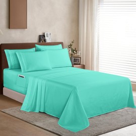 Elegant Comfort 1500 Premium Quality 6-Piece Bed Sheet Set - 18-24 Inch Extra Deep Pocket, Smart Storage Pockets, Wrinkle Free Ultra Soft 6PC Extra Deep Pocket Sheets, California King, Paradise Teal