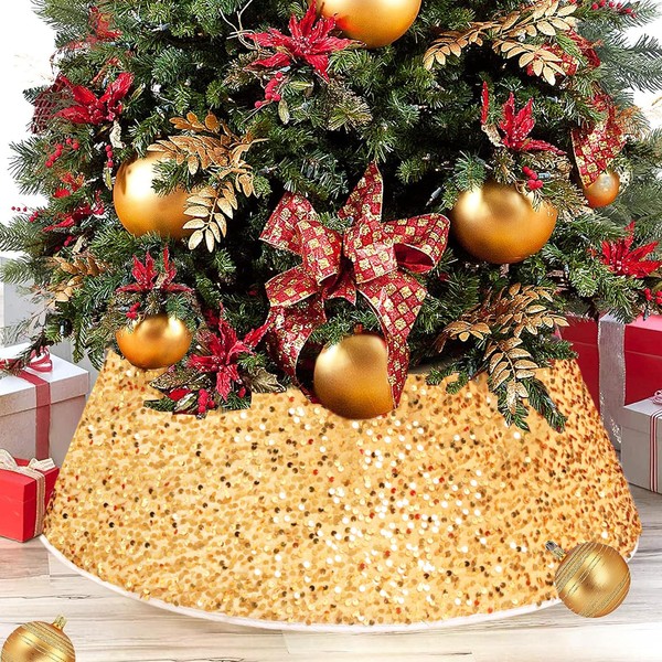 Christmas Tree Collar, Large Format Circle Champagne Gold Sequins Tree Skirt Christmas Foldable Christmas Tree Blanket for Tree Decoration Christmas Tree Blanket Decorative Tree Base Cover