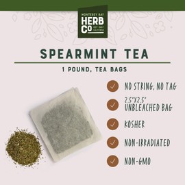 Monterey Bay Herb Co. Spearmint Tea – 200 Unbleached Bags | Caffeine-Free Herbal Tea Bulk Pack Pure Spearmint Leaf | Refreshing, Clean Flavor