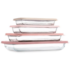 COOK WITH COLOR 8 PC. Glass Baking Dish Set with Lids - Deep Casserole Dish, Glass Food Container, Oven, Freezer and Microwave Safe, Clear Container, Pink