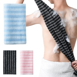 DELUXEFOX Scrubbing Towel, Scalp Scrubbing Towel, Body Towel, Painless, Won't Hurt Your Skin, Moderate Length for Good Back Care, Strong Mud Handle, Corneum Care, Back, Butt, Unisex (Blue White Stripes)