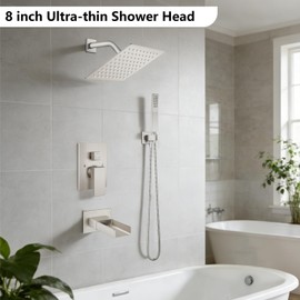 Midanya Rain Shower System Tub Shower Faucet Set Square Rainfall Waterfall Shower Head with Handheld Sprayer Tub Spout Combo Wall Mounted bathtub faucet set Rough-in Valve, 8 Inch Brushed Nickel