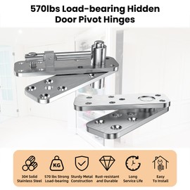Hidden Door Hinge Pivot Hinge, 570LBS Load-Bearing Heavy Duty Pivot Door Hardware for Hidden Door Bookcase, Murphy Door Hinge Kit 360° Rotation Invisible Door Hinges for Secret Door (Silver)