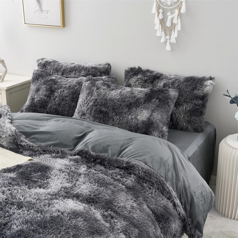 chovy Faux Fur Tie-Dyed Black Gray White Colorful Comforter Sets