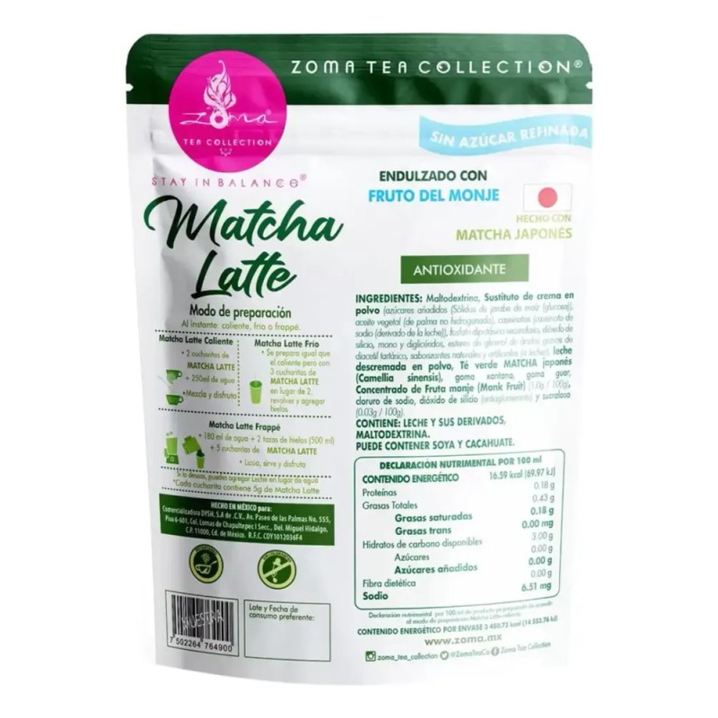 Te Verde Matcha Latte Premium Sin Azúcar Añadida 800 Grs