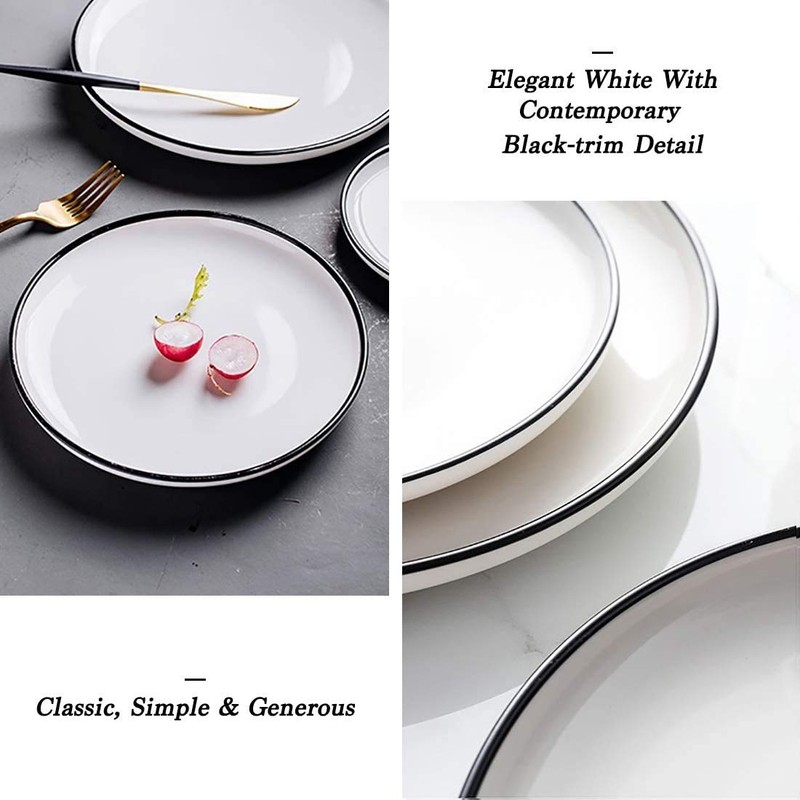 BonNoces 6-inch Small Porcelain Appetizer Plates, White with Black Edges
