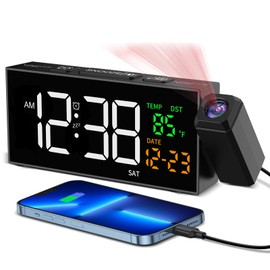 Netzu Projection Clock for Bedroom Ceiling, Alarm Clocks with 180° Rotatable Projector, Date Temperature and Weekday, Manual DST, 5 Brightness, 10 Ringtones, 4 Volumes and Snooze (Black)