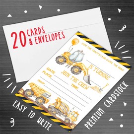 JCVUK Excavator Dump Truck Birthday Party Invitation, Construction Theme, 4 x 6 Inches, 20 Count