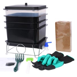 ESPIDOO Worm Farm Composting Bin 4 Tray: 20L Stackable Compost Bin with Tools - Black PP Plastic for Indoor & Outdoor Organic Waste Recycling - Includes Gloves Coconut Brick Scraper & Rake