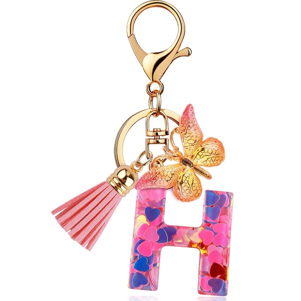 Initial Letter Keychain for Women Gift Cute Butterfly Tassel Resin