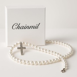 Unisex Pearl Cross Pendant Necklace – Zircon Christian Jewelry, Adjustable 40–45cm Beaded Choker – Catholic Religious Necklace for Women & Men – Gift Box Included