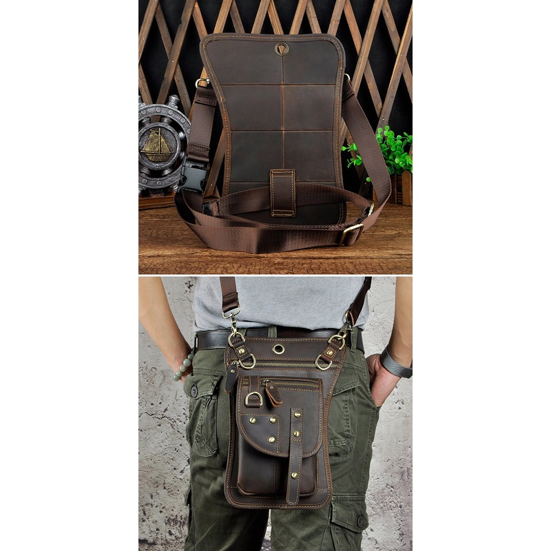 Le'aokuu Mens Genuine Leather Messenger Hiking Waist Hip Bum Pack