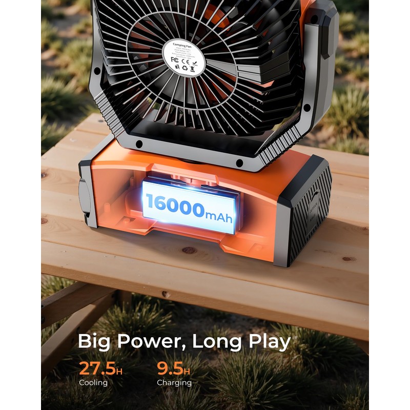 8” Portable Rechargeable Fan, Battery Operated Camping Fan with 27H
