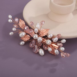 Teyglen Bride Pink Rhinestone Wedding Hair Clip Bridal Pearl Crystal Hair Barrette Rose Gold Leaf Headpiece Decorative Hair Accessories for Women (Pink)