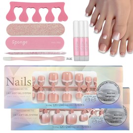 Virellay 120 Piece Press on Nails Set with Tools - French Square Artificial for Women - Full Cover Acrylic Artificial Toenail Tips (Nude (01+06), 240 Pieces)