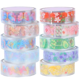 10 Rolls Waterproof Plastic Tape Cute 15mm Wide Self-Adhesive Tape Butterfly and Fruits Pattern Masking Clear Printed Sticker Lovely Gift for Scrapbook, Bullet Journal, Planner, Arts & Crafts-65.6 Ft